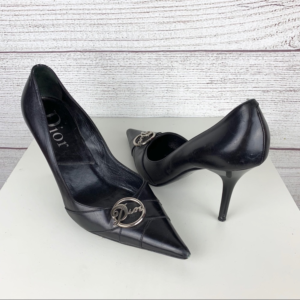 Dior Black Leather Logo Buckle Pointed Pumps